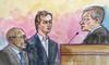 Anthony Levandowski appears in court along with attorney Ismail Ramsey (L) before Judge Nathanael Cousins (R) in a court sketch