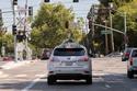 One of Google's self-driving cars, on the streets of Mountain View, California. 