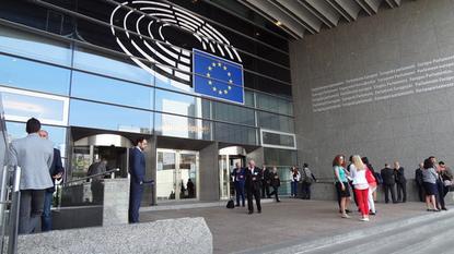 Entrance of the European Parliament's Altiero Spinelli Building in Brussels on June 17, 2015