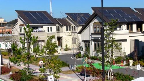 Panasonic opened its Fujisawa Sustainable Smart Town southwest of Tokyo on Thursday. Houses equipped with solar panels, storage batteries and LED lights are designed to eventually be CO2 emissions-free. 