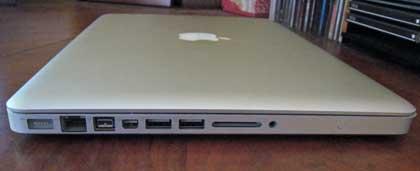 A side shot showing the ports on the 13-in. MacBook Pro, including the SD card slot on the right, next to the headphone jack.