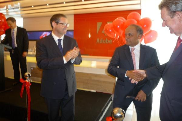 Communications minister Senator Stephen Conroy, Adobe CEO Shantanu Narayen and NSW Premier Barry O’Farrell cutting the ribbon to officially open the Adobe Australia office.