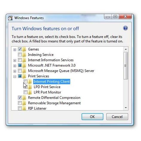  Turn off Internet Printing by deselecting it in the Windows Features dialog box.