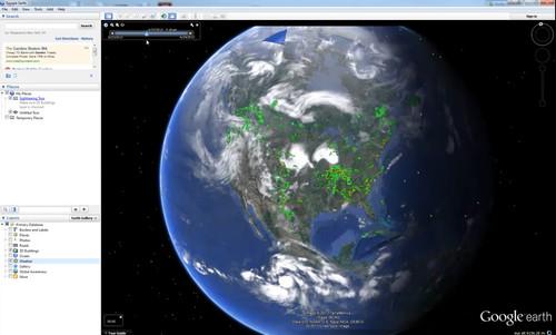 By selecting the weather layer on Google Earth users can see real time radar, clouds and temperatures on the virtual globe. 