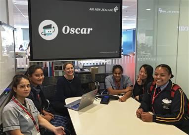 The students meet with Lucy Hoult, Air New Zealand’s product lead for its artificial intelligence backed chatbot Oscar.