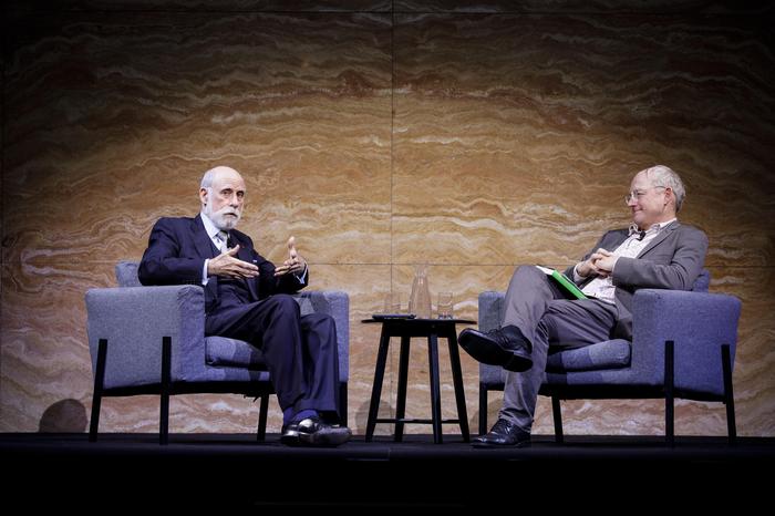 Vint Cerf in conversation with UNSW AI Professor Toby Walsh. Credit: Ken Leanfore