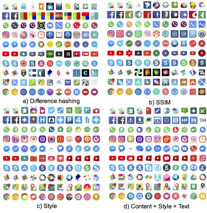 A number of techniques were used to find alike app icons. Closest matches to the Play store's top ten apps are shown here. Note, not all apps pictured are malicious. Image: Courtesy of the researchers