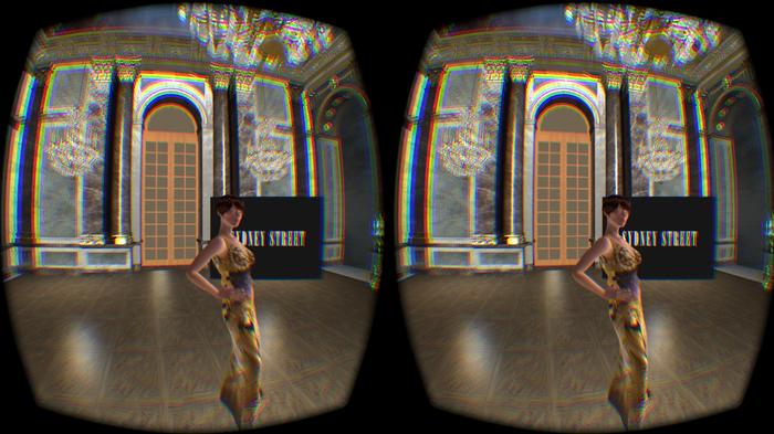 Sydney Street's virtual fashion show. Viewed through an Oculus Rift headset, the dual images seen here merge into one 3D image.